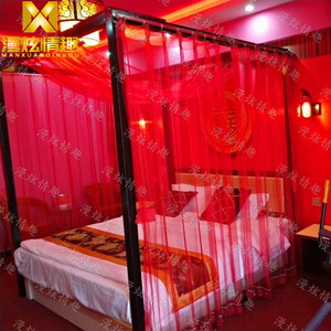 主题酒店情趣床创意仿古纱幔方形婚床新中式宾馆电动床铁艺架子床